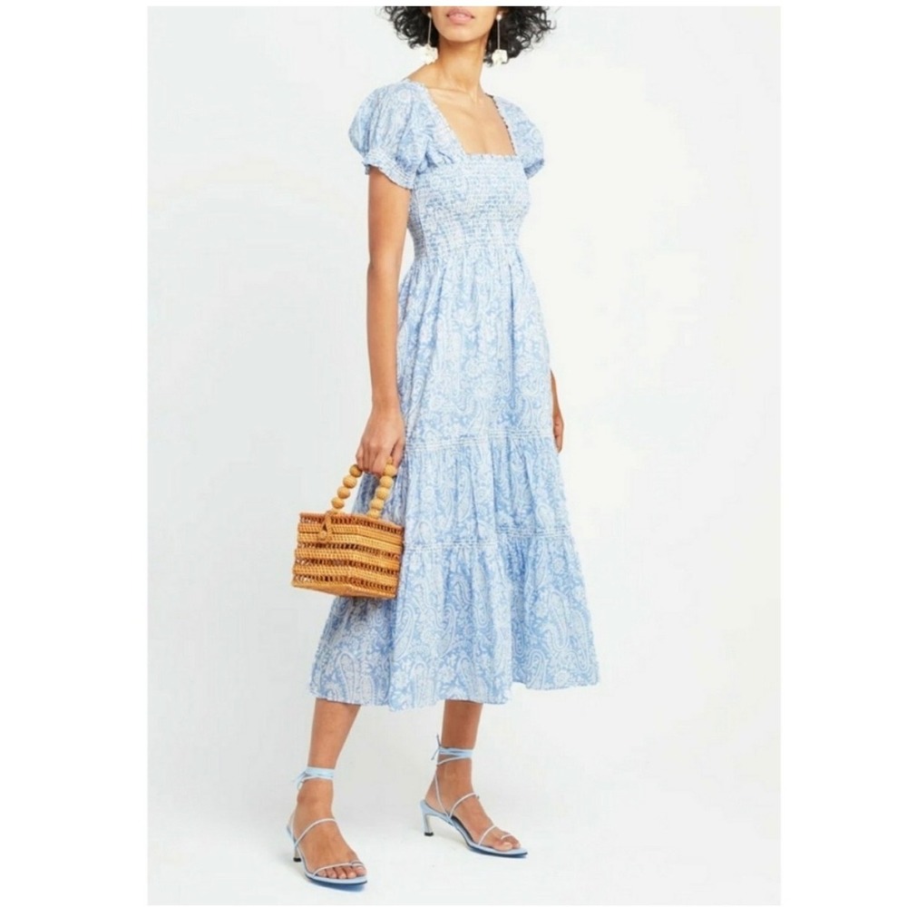 O.P.T. Blue White Paisley Smocked Puff Sleeve Tiered Midi Dress Womens